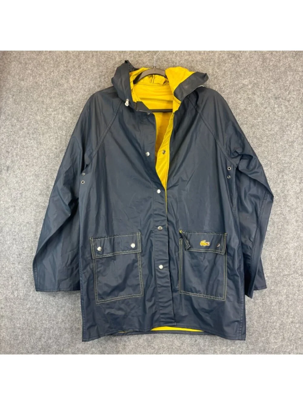 Izod Lacoste Womens Large Rain Coat Jacket Reversible Yellow Blue Hooded Slicker